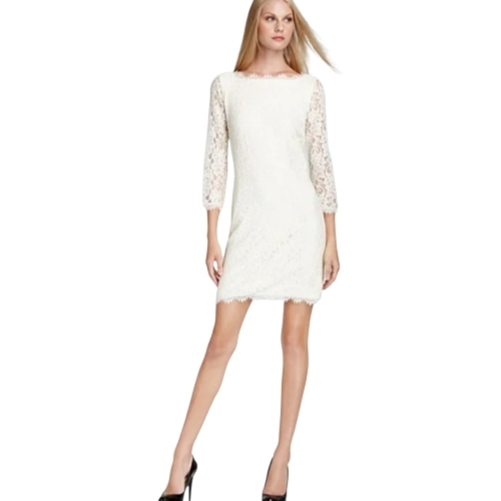 DVF ZARITA IVORY LACE DRESS,THREE-QUARTER SLEEVES Sz 8